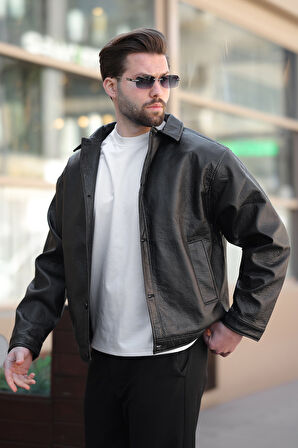 Erkek Düğmeli Siyah Deri Ceket