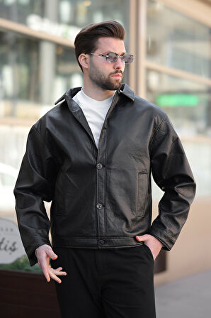 Erkek Düğmeli Siyah Deri Ceket