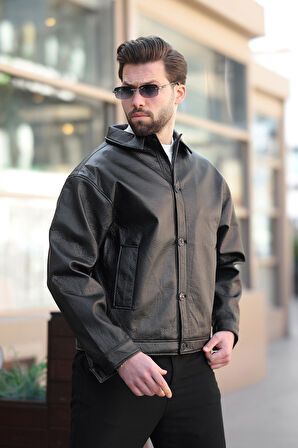 Erkek Düğmeli Siyah Deri Ceket