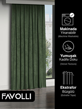 FAVOLLİ Kadife Dokulu Zeytin Yaprağı Rengi Ada Fon Perde Ekstrafor Büzgülü Dream Series