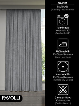 FAVOLLİ Kadife Dokulu Gümüş Grisi Ada Fon Perde Ekstrafor Büzgülü Dream Series