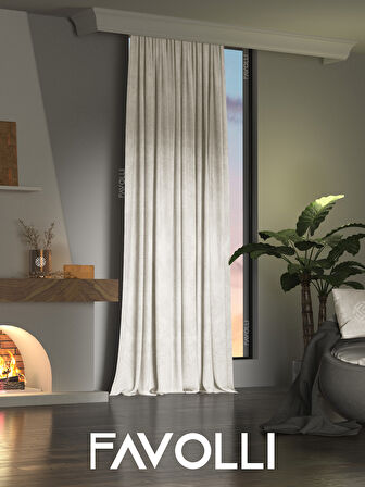 Kadife Dokulu Ekru Ada Fon Perde Ekstrafor Büzgülü Dream Series