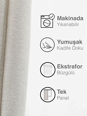 Kadife Dokulu Ekru Ada Fon Perde Ekstrafor Büzgülü