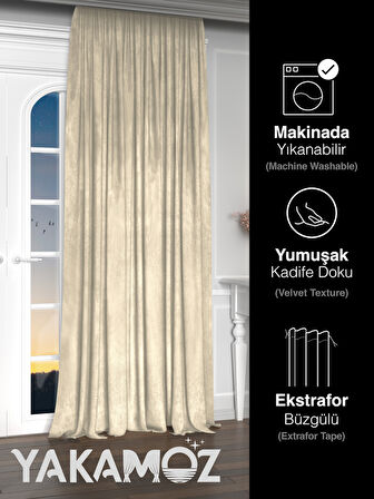 Yakamoz Kadife Görünüm Ekru Ada Fon Perde Ekstraforlu Velvet Touch Serisi