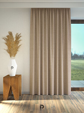 PERLE Bej Renk Keten Dokulu Fon Perde Ekstrafor Büzgülü