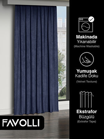FAVOLLİ Kadife Dokulu Lacivert Ada Fon Perde Ekstrafor Büzgülü Dream Series