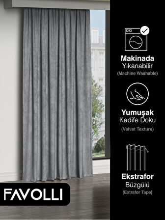 FAVOLLİ Kadife Dokulu Gümüş Grisi Ada Fon Perde Ekstrafor Büzgülü Dream Series