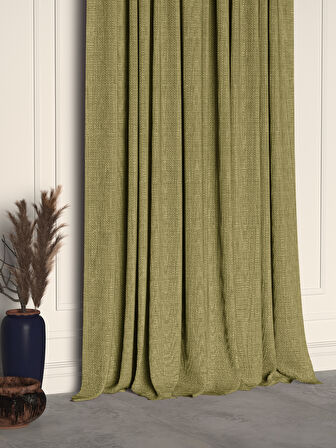 Demor Home Zeytin Yeşili Keten Dokulu Pileli Yüksek Kalite Fon Perde