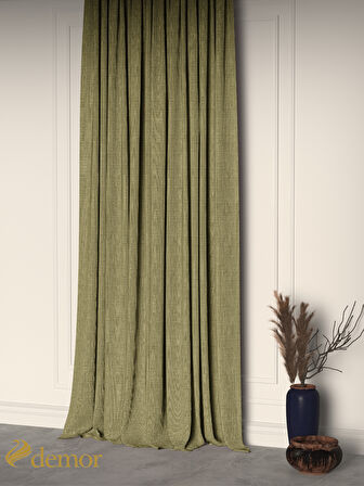 Demor Home Zeytin Yeşili Keten Dokulu Pileli Yüksek Kalite Fon Perde