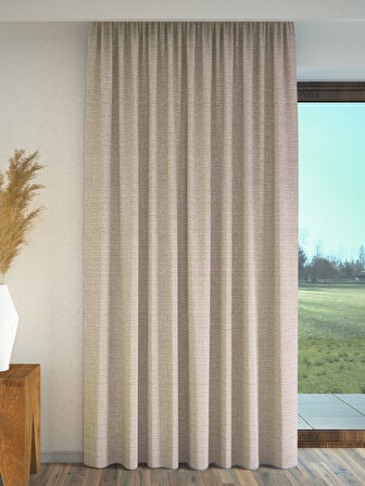 PERLE Taş Rengi Keten Dokulu Fon Perde Ekstrafor Büzgülü