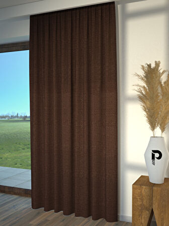 PERLE Kahverengi Keten Dokulu Fon Perde Ekstrafor Büzgülü