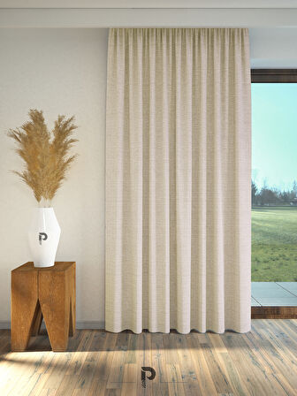 PERLE Ekru Renk Keten Dokulu Fon Perde Ekstrafor Büzgülü