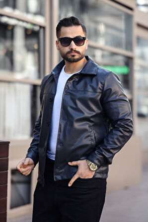 Klasik Yaka Siyah Erkek Deri Ceket