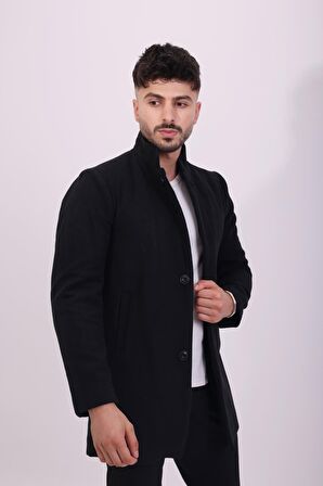 Erkek Siyah Slim Fit Dik Yaka Kaşe Kaban -FN20380