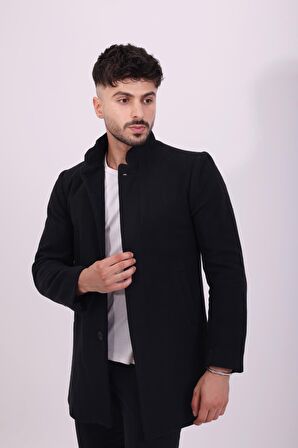 Erkek Siyah Slim Fit Dik Yaka Kaşe Kaban -FN20380