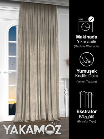 Yakamoz Kadife Görünüm Taş Rengi Ada Fon Perde Ekstraforlu Velvet Touch Serisi