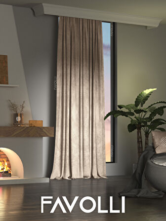 Kadife Dokulu Sahra Beji Ada Fon Perde Ekstrafor Büzgülü Dream Series