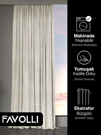 Kadife Dokulu Ekru Ada Fon Perde Ekstrafor Büzgülü Dream Series