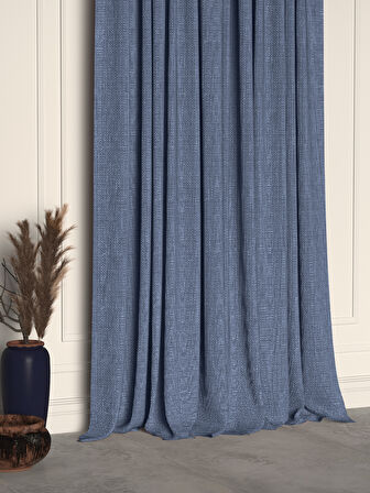 Demor Home İndigo Rengi Keten Dokulu Pileli Yüksek Kalite Fon Perde