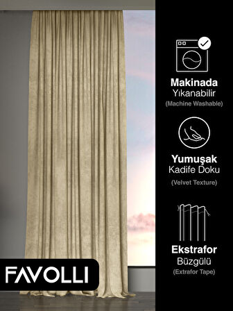 Kadife Dokulu Bej Ada Fon Perde Ekstrafor Büzgülü Dream Series