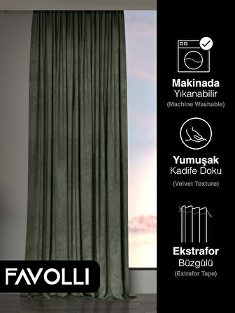 Kadife Dokulu Zeytin Yaprağı Rengi Ada Fon Perde Ekstrafor Büzgülü Dream Series