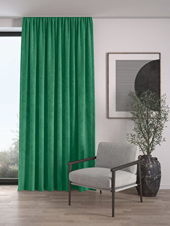 Kadife Dokulu Ekstrafor Büzgülü Çam Yeşili Yüksek Kalite Fon Perde Tek Kanat