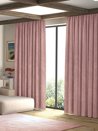 Kadife Dokulu Türk Gülü Rengi Ada Fon Perde Ekstrafor Büzgülü