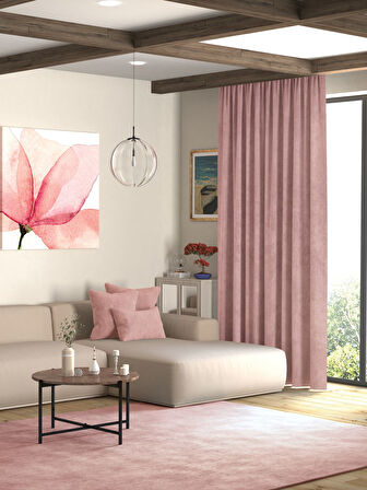 Kadife Dokulu Türk Gülü Rengi Ada Fon Perde Ekstrafor Büzgülü