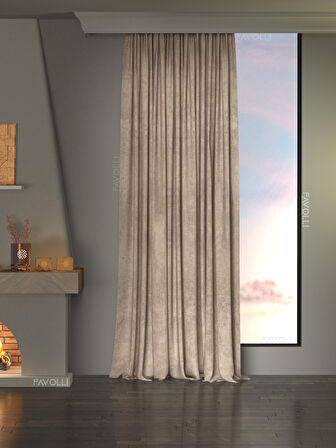 Kadife Dokulu Sahra Beji Ada Fon Perde Ekstrafor Büzgülü Dream Series