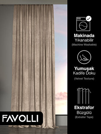 Kadife Dokulu Sahra Beji Ada Fon Perde Ekstrafor Büzgülü Dream Series