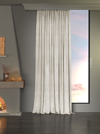 Kadife Dokulu Ekru Ada Fon Perde Ekstrafor Büzgülü Dream Series