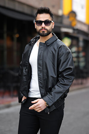 Oversize Vintage Erkek Siyah Deri Ceket