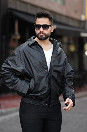 Oversize Vintage Erkek Siyah Deri Ceket