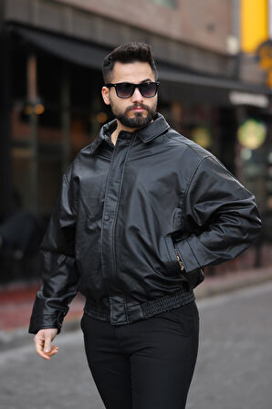 Oversize Vintage Erkek Siyah Deri Ceket