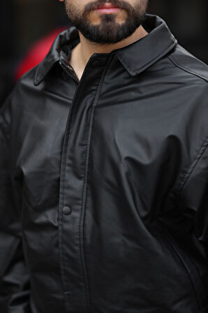 Oversize Vintage Erkek Siyah Deri Ceket