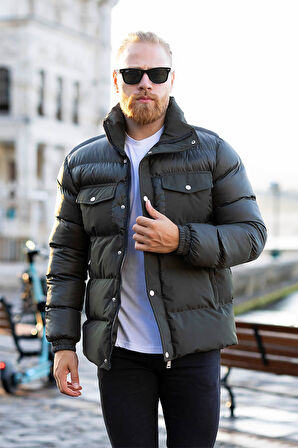 Erkek Haki Dik Yaka Şişme Mont -FN80960