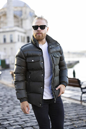 Erkek Haki Dik Yaka Şişme Mont -FN80960