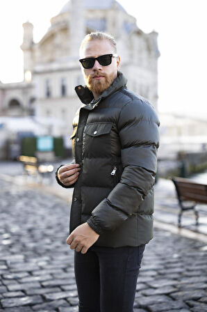 Erkek Haki Dik Yaka Şişme Mont -FN80960