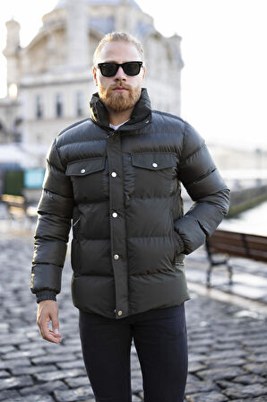 Erkek Haki Dik Yaka Şişme Mont -FN80960