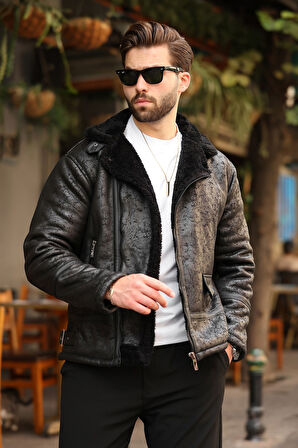 Erkek Suni Kürk Detaylı Siyah Süet Mont