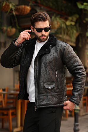 Erkek Suni Kürk Detaylı Siyah Süet Mont