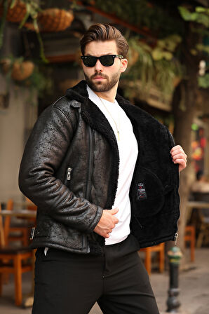 Erkek Suni Kürk Detaylı Siyah Süet Mont