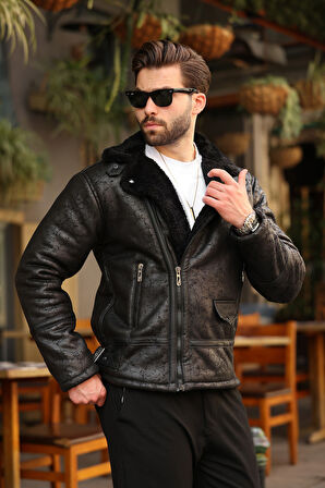 Erkek Suni Kürk Detaylı Siyah Süet Mont