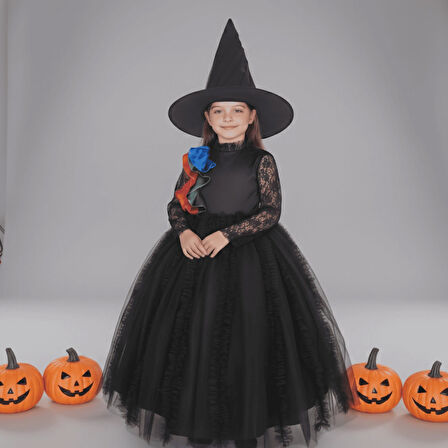 Cadı Kostümü Tarlatanlı Kız Çocuk için –  Halloween Elbise Ve Şapka