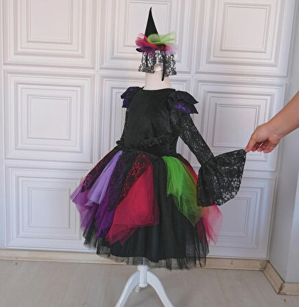 Cadı Kostümü Kız Çocuk için – Renkli Tül Etekli Halloween Elbisesi ve Taç