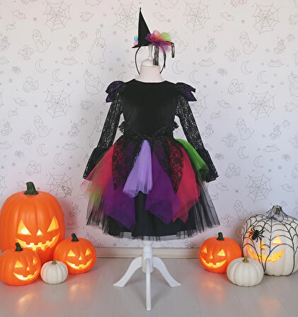 Cadı Kostümü Kız Çocuk için – Renkli Tül Etekli Halloween Elbisesi ve Taç