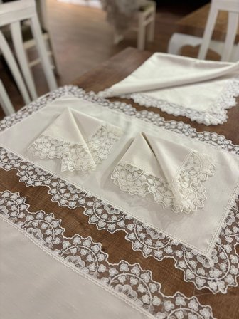 Violetta Lüx Güpürlü Osmanlı İpeği Kumaş Krem Salon Takımı 5 Parça 40X80 Cm 1036