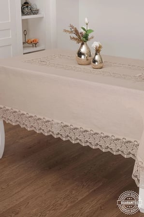 Beril Lüx Dantelli Keten Kumaş Bej Masa Örtüsü 160x230 Cm 1121