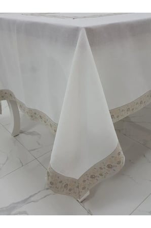 Gonca Jakar Bordürlü Keten Kumaş Krem Masa Örtüsü 160x230 Cm  1133