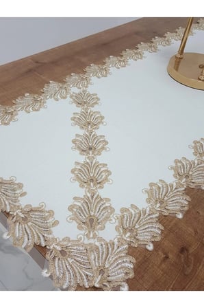Jadelin Gold Güpürlü Keten Kumaş Runner Krem 48x145 Cm 1141